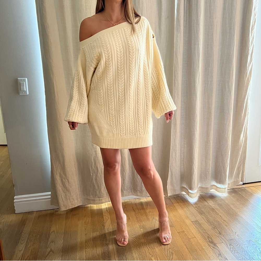 Women’s Tularosa Revolve Cream Cable Cozy Knit Sweater Sexy Off Shoulder Dress L